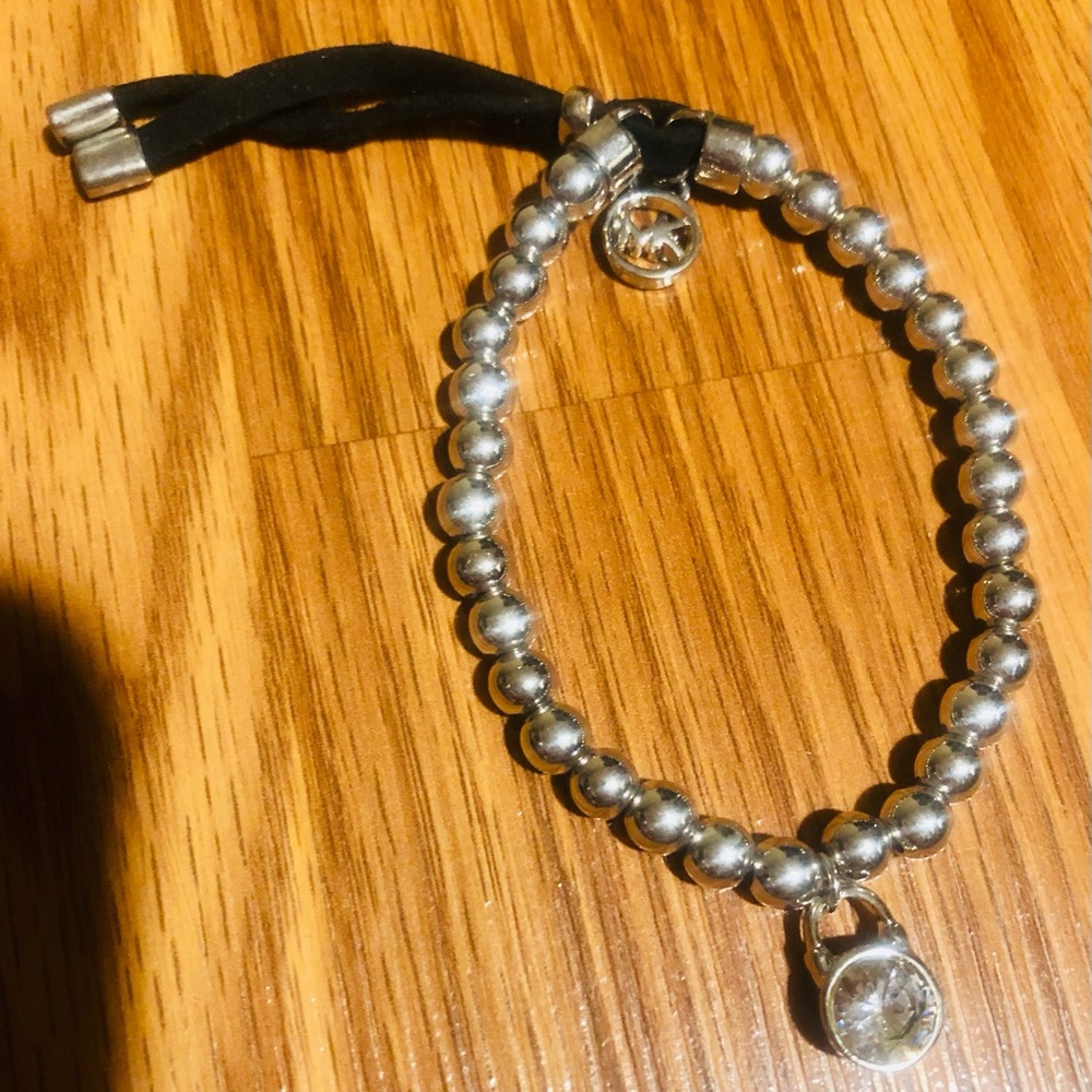 M KORS logo bead round crystal padlock charm leather stretch bracelet NWOT